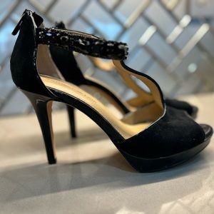 Antonio Melani black suede jeweled T-strap platform heel